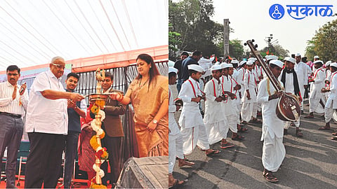 MLA Amrish Bhai Patel while inaugurating Mahasanskrit Mahotsav by lighting lamp. Varkari Dindi movement in  second photo.