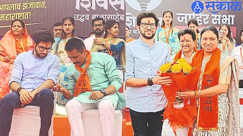 Former Deputy Mayor Kulbhushan Patil talking to Aditya Thackeray , Former Mayor Jayshree Mahajan felicitating Aaditya Thackeray