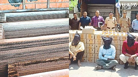 Cement sheets cut in half for liquor smuggling. In second photo, officials and employees present during the inspection of illegal stocks.