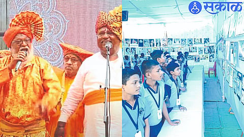 Nataraj Kalapathak presenting Maharashtra Darshan programme. In second photo, students watching an exhibition of paintings by Rajendra Sonar.