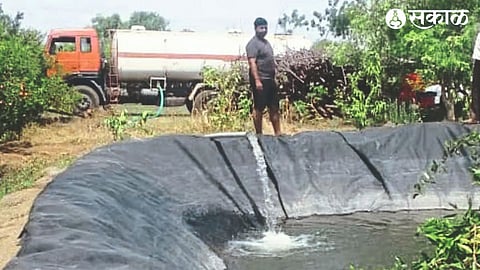 A farmer pouring water into the field with a tanker to revive the pomegranate orchard.