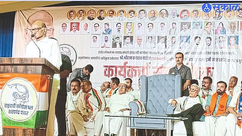 Senior leader Sharad Pawar while guiding NCP Sharach Chandra Pawar party gathering in the city on Sunday. 