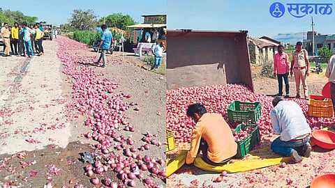 Onion tractor was hit by speeding sand dumper on Satana-Taharabad road on Sakri-Shirdi national highway, onion scattered on the road, in the second photo, a farmer picking onion.