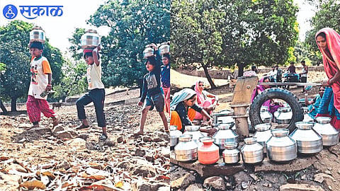 crowd of women at single hand pump, women and children carrying water.