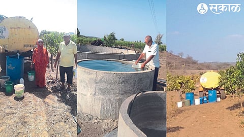 Farmer couple giving water brought by tanker to fruit trees in Sapta Shiwar. & Ramrao Halis bringing water from the well of Prakash Devare from half a kilometer. & Haud, tankers giving water and fruit trees looking green in drought.