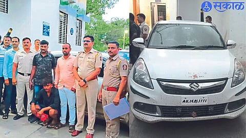 Police Inspector Kiran Shinde and staff along with the suspects The second photo shows the car used in the crime.
