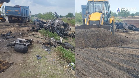 25 tons of soybeans along with the truck were burnt in a fire On Solapur Dhule National Highway  