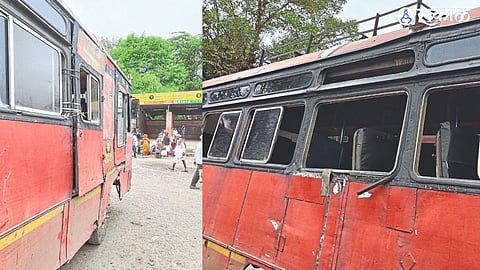 Emergency route constructed with broken glass & ropes of a bus in the depot