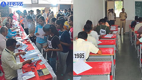 Police personnel verifying the candidates who appeared at the examination center of KTHM College for the police recruitment written test. 