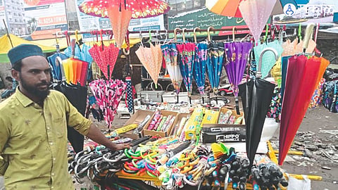 Umbrellas for sale on Kidwai Road in Malegaon.