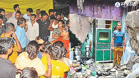 Former corporator Hemant Shetty while learning the problems of the residents of Gharkul Yojana in Gaudwadi at the incident site The collapsed slab in the second photo