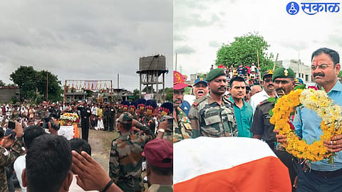 MLA Kishore Patil offering garland on the dead body of a jawan. Crowd attends funeral of jawan.