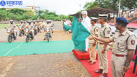 Guardian Minister Dada Bhuse while flagging off the new 75 two-wheelers available for patrolling at Nashik Rural Superintendent of Police Office,