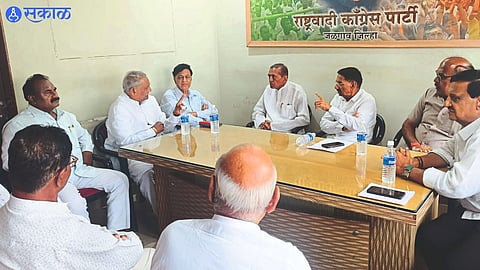 NCP (Sharadchandra Pawar) outlining the visit of state president Jayant Patil to the party office Arunbhai Gujarathi, Gulabrao Deokar, Valmik Patil etc.