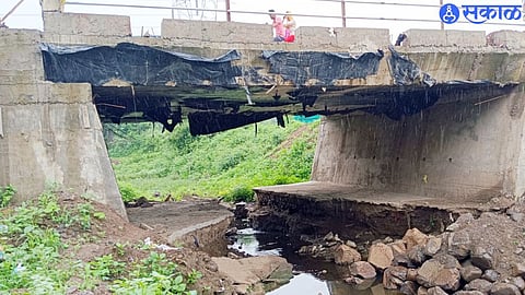 Washed concrete under a bridge near a village. Exposed pillars.