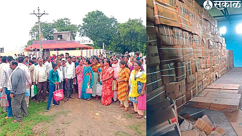 Construction workers thronged outside the godown to get a set of free utensils from the labor board. In the second photograph, a set of utensils available in the Godownum.