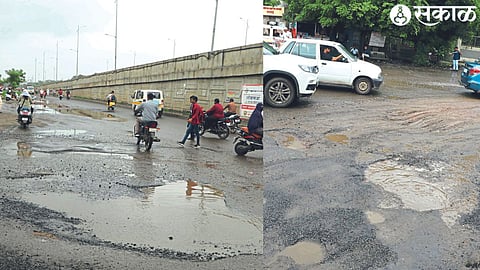Condition of potholes near circle at Akashvani Chowk on inter-city highway & service road along subway on highway.