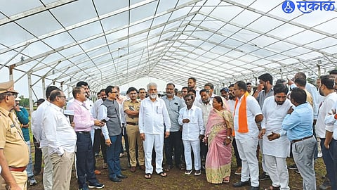 Public Works Minister Dada Bhuse reviewing the preparations for Chief Minister Eknath Shinde's program being held here on Saturday.