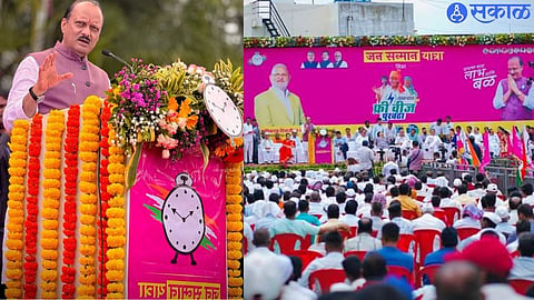 Deputy Chief Minister Ajit Dada Pawar speaking at the Jwalamata Lawns Farmers Meeting in Sinnar