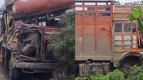 A bus that was injured in a collision with a truck.