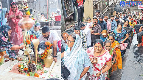 Devotees line up for darshan at Shree Kapaleshwar Mahadev Temple on second Shravan Monday.