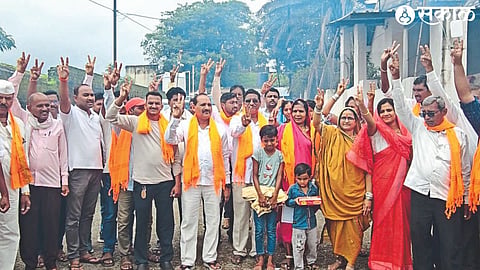 Activists cheering after the candidate of Shinde group won in the Nagar Panchayat by-election.
