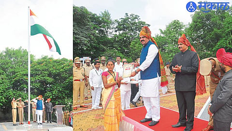 Guardian Minister Anil Patil while hoisting the flag of the main government program at District Headquarters & Guardian Minister Anil Patil felicitating the employees who have done excellent work.