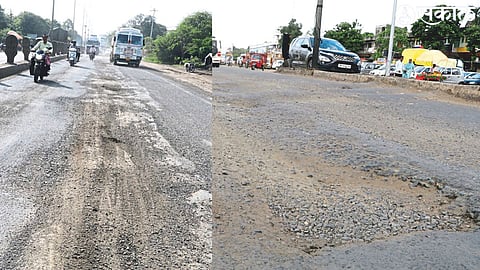 The highway in front of the District Industry Center is in bad condition. potholes on the highway flyover near Akashvani Chowk.