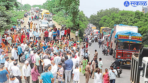 Angry citizens block the road on the highway near Vatikashram. traffic on the highway.