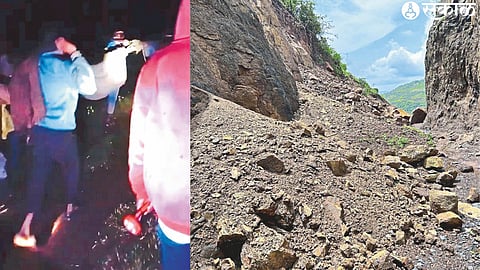 Gaydarpada villagers carrying dead body in a doli. Stone rubble lying on Malgaon to Gaydarpada road.