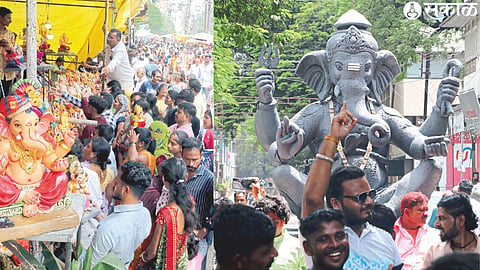 Family carrying Ganesha idol. Devotees carrying Ganesha to the sound of drums.