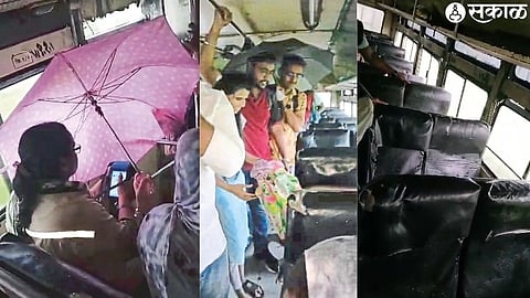Carriers while ticketing passengers by opening umbrellas. In the second photo, the support of the umbrella taken by the passengers.