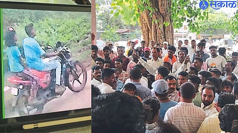 Suspected accused carrying minor girl on bike. Crowd gathered at Taloda Police Station.