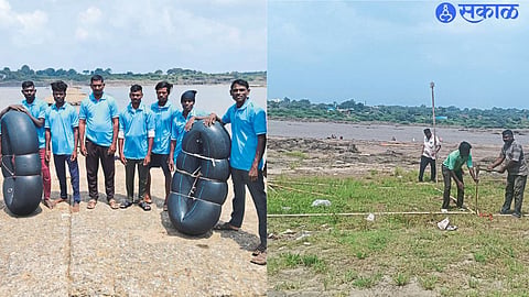 A ready squad of strip swimmers at Hatnoor Dam. Workers preparing for immersion on the banks of Tapi river.