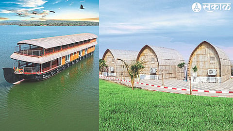 Cruise-like boat on developed island in the 'backwater' of Waghur Dam at Garkheda & Bamboo huts in the 'backwater' area of ​​Waghur Dam at Garkheda in Jamner Taluk.
