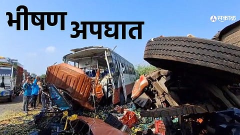 Scene of the tragic accident where an ST bus collided with a truck on Jalna-Vadigodri Road, leaving 5 dead and several injured.


