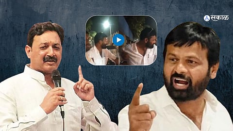 Laxman Hake speaking at a press conference about allegations against Sambhaji Raje.


