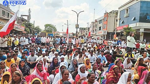 Adivasi members of the community during the Road Roko protest in the taluka on Monday.