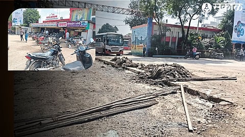 Two wheelers installed at entrance of Satana bus stand & concreting work in slow progress at bus stand