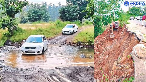 Vehicles traveling on alternate roads. In the second photograph, the ongoing repair work at the Waghera-Harsul Ghat.