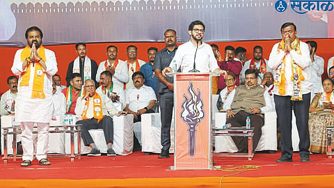 Shiv Sena Uddhav Balasaheb Thackeray's Yuva Sena chief Aditya Thackeray speaking at a meeting held here on Friday to campaign for Mahavikas Aghadi candidates. Mahavikas Aghadi leaders and candidates on the platform.