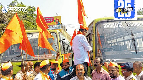 "Shiv Sena Thackeray group raises flags on two Karnataka buses in Maharashtra, signaling opposition to the buses entering the state."