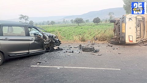 The aftermath of a head-on collision between a tempo and a car near Morewadi, leaving 9 injured and causing significant vehicle damage.