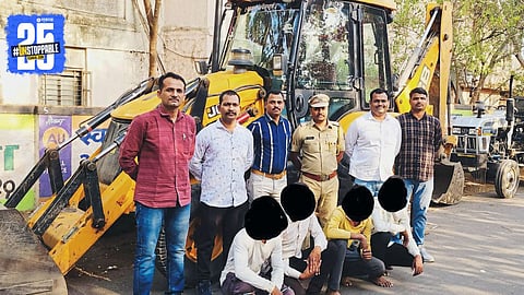 Seized JCB and tractors involved in illegal sand mining, now under police custody