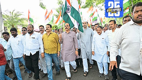 Ministers and citizens march together during BJP's Tiranga rally in Karad, showcasing unity and patriotism.