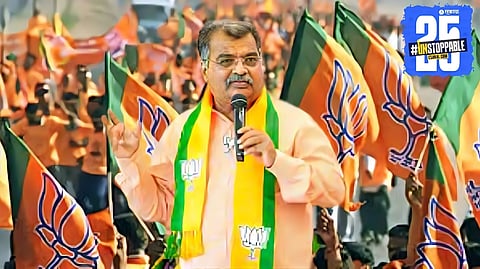 Ravindra Chavan addressing BJP workers after taking charge as Maharashtra BJP President, expressing gratitude and outlining future goals.

