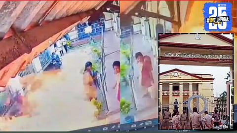 The tragic scene outside Fakir Mohan B.Ed College in Balasore, where a female student allegedly set herself on fire after repeated harassment.

