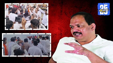 Sambhaji Brigade President Pravin Gaikwad addresses media after an alleged attack by Shivdharma Foundation members in Akkalkot.

