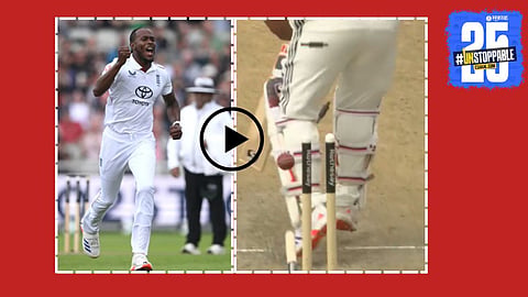 Jofra Archer delivers a blazing fast ball to clean bowl Rishabh Pant — the stumps fly in the air capturing a dramatic cricket moment.

