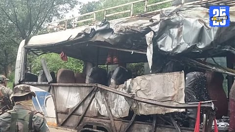 Rescue workers and locals gather around the wrecked bus after a fatal collision with a gas cylinder-loaded truck near Jamuniya in Deoghar, Jharkhand; 18 devotees killed in the tragic incident.

